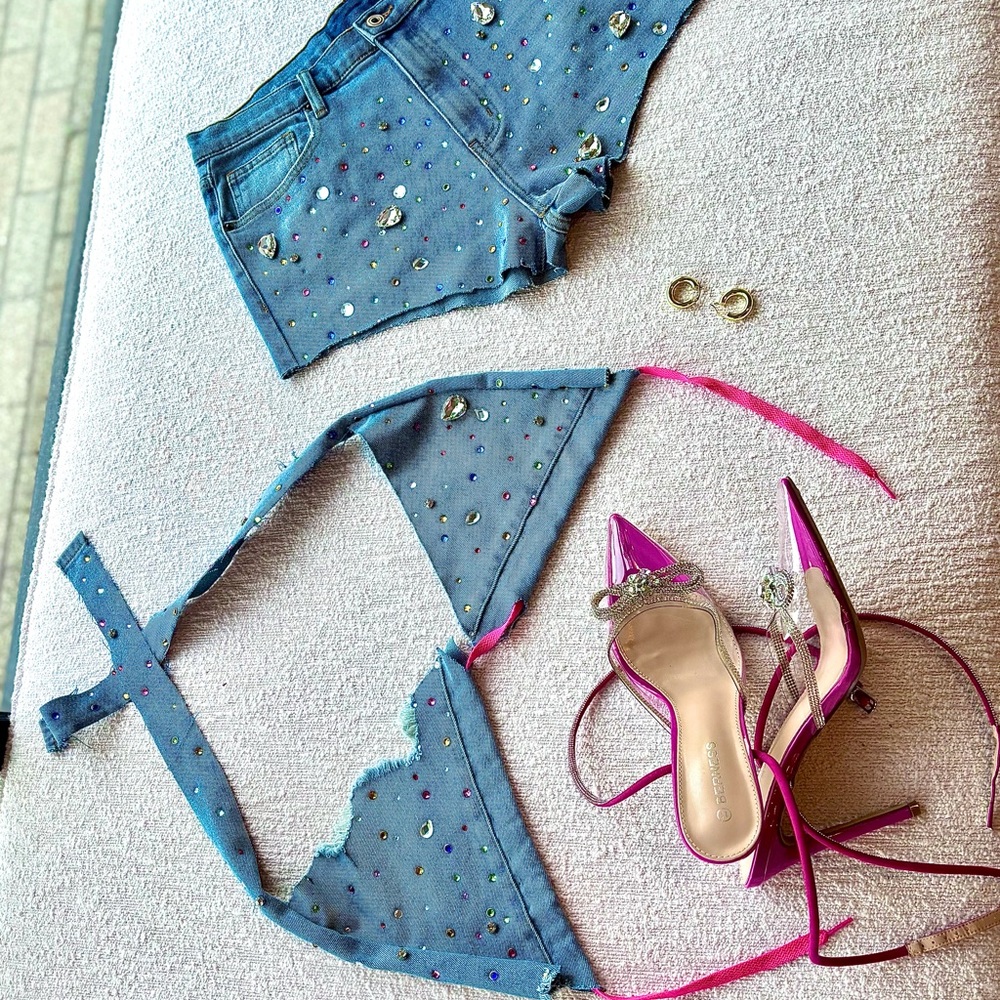 Embellished Denim Shorts and Bikini Set with Pink Heels